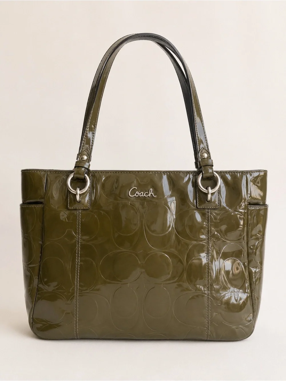 Coach Patent Signature Tote Olive m Large Shoulder Bag Y2K Chic